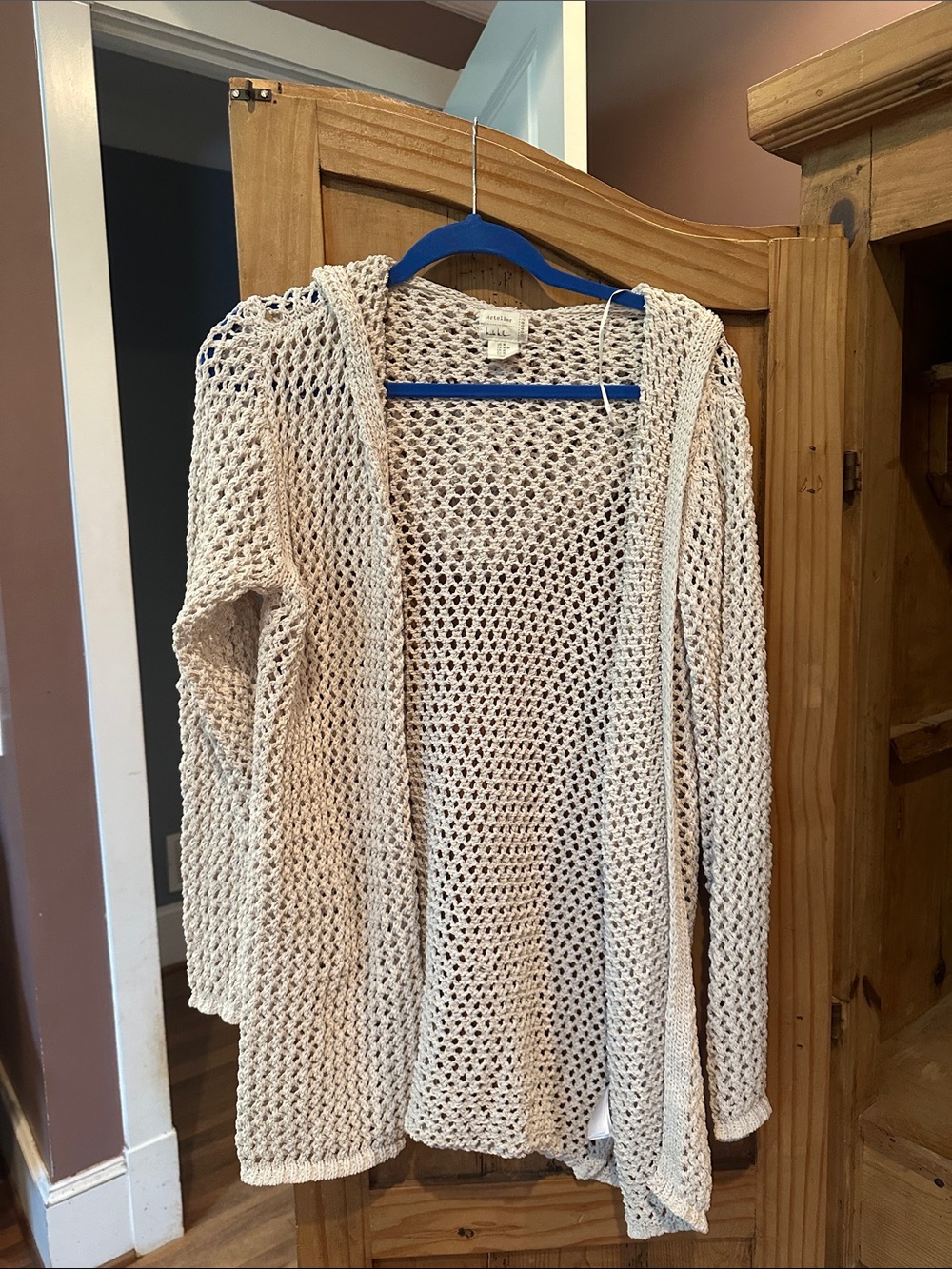 Nicole Miller Open-Knit Hooded Cardigan in Light Beige